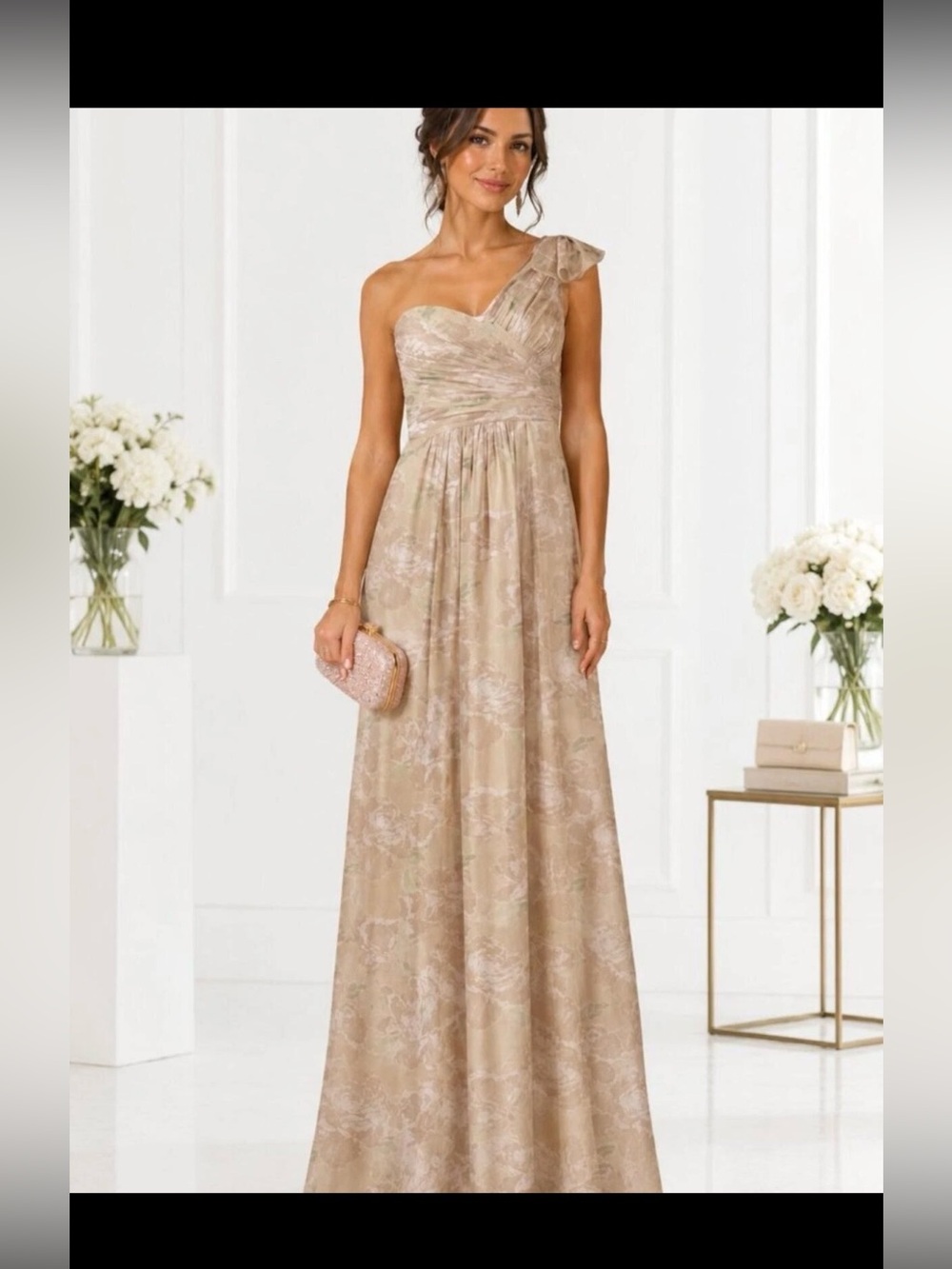 Adrianna Papell SZ 4 NWT Champagne Floral One Shoulder Formal Maxi Gown GALA MOB